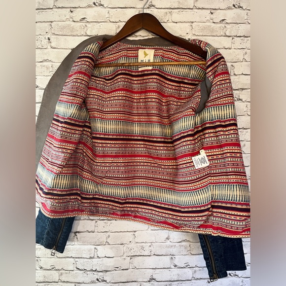 MiH Jeans Biker Jacket Denim Blue Leather Pistol Pocket MC1441LD Size Large - Picture 4 of 7